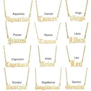 Venta al por mayor de acero inoxidable oro horóscopo estrella colgante collar 12 antiguo signo del zodiaco inglés collar cadena de eslabones para boda - Product Image 1