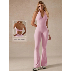 Combinaison de sport pour femme en dentelle, taille en V, dos ouvert, avec pantalon de yoga évasé à jambe large et haut tube, pour la gym et le sport - Product Image 6