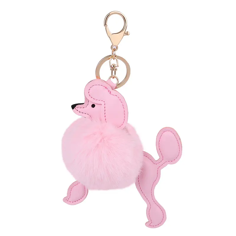 Promotional lovely fur pom pom pet keyring animal PU dogs cute faux fur ball keychain for woman