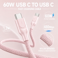 Câble USB 2.0 vers USB 2.0 de 1,2 m, 60 W, 3 A, charge rapide, en nylon tressé, pour batterie externe et appareils mobiles