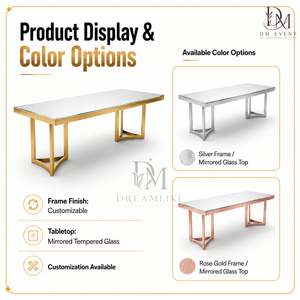 Table de salle à manger rectangulaire en verre miroir en acier inoxydable doré de qualité supérieure avec base ouverte géométrique pour banquets d'hôtel (vente en gros) - Product Image 4