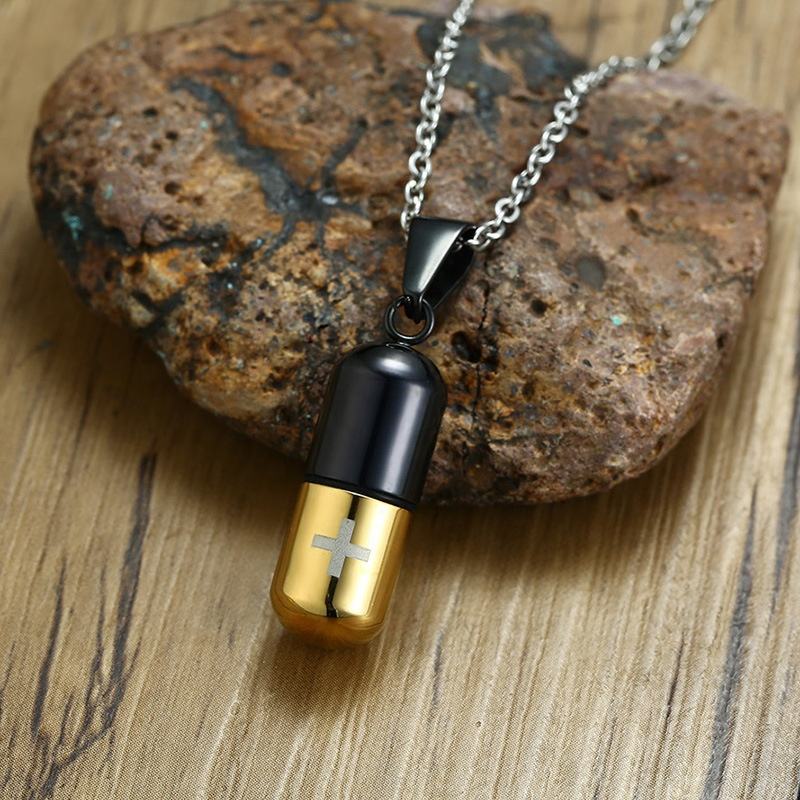 Laser Cross Capsule Pendant Necklace Stainless Steel