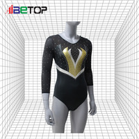 Justaucorps de gymnastique noir à manches 3/4 avec feuille d'or et strass intégraux en forme de V, combinaison de compétition personnalisée pour filles, uniforme de performance