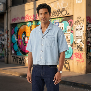 Camicia in Denim da Uomo a Maniche Corte, Vestibilità Ampia, Stile Vintage Lavato, Streetwear <span class=keywords><strong>Hip</strong></span> <span class=keywords><strong>Hop</strong></span>, 310g, <span class=keywords><strong>Abbigliamento</strong></span> per Uomo - Product Image 1