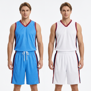 Conjunto de Camiseta de Baloncesto para Hombre, Cuello en V, Sin Mangas, Secado Rápido, Poliéster, Uniforme Azul y Blanco, Bloques de Color, Todas las Temporadas, Ropa Deportiva para Adultos - Product Image 1
