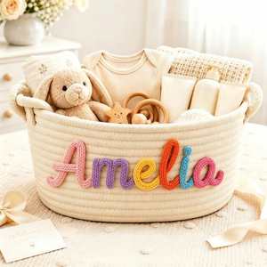 Panier pour bébé personnalisé, panier de rangement en corde de coton, organiseur de chambre d'enfant, cadeaux de baptême, souvenir DIY - Product Image 1