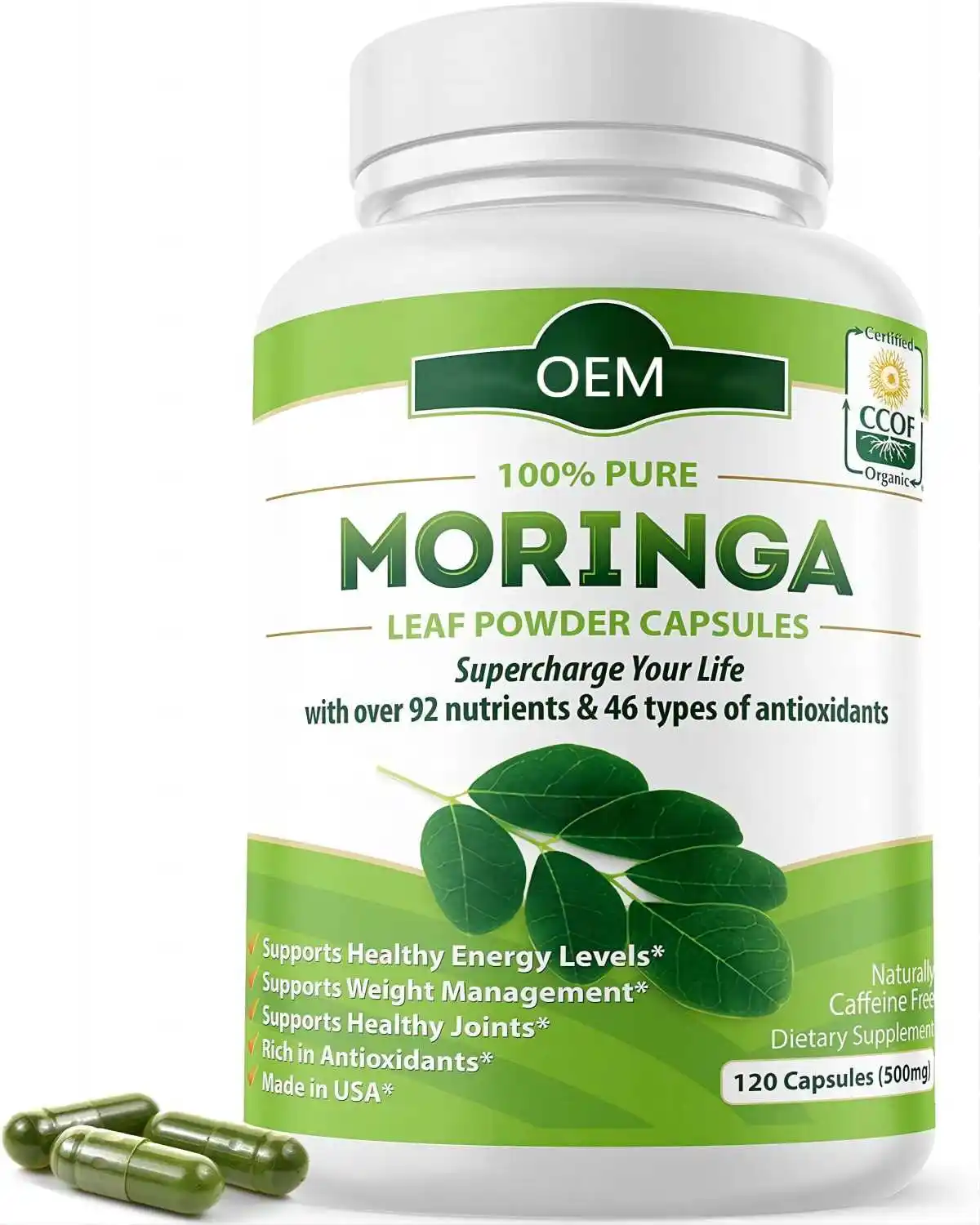 Las cápsulas de Moringa, derivadas de hojas de Moringa orgánicas, pueden proporcionar energía, metabolismo y apoyo inmunológico