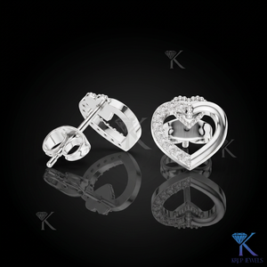 Boucles d'oreilles clous cœur ouvert en diamant de laboratoire, détail demi-pavé et milgrain, or massif 14K/18K, bijoux pour femme, cadeau de mariage romantique - Product Image 3