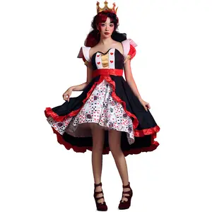Gaun seksi Cosplay karakter Ratu wanita, kostum Halloween, gaun motif Poker Ratu Merah