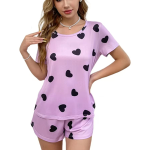 Nhà Máy Bán Hàng Trực Tiếp Của Giản Dị Thoải Mái Của Phụ Nữ Mùa Hè Bộ Đồ Ngủ Thiết Lập Ngắn Tay Áo T-Shirt Với Eo Đàn Hồi Quần Homewear - Product Image 1