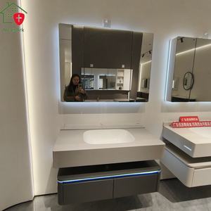 Meuble-lavabo de salle de bain en MDF laqué de style moderne avec miroir intelligent, armoire murale multi-rangement et plan de travail en roche, blanc - Product Image 2