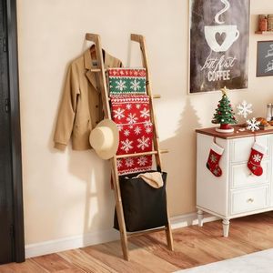 Perchero de madera con forma de escalera de 5 niveles, multiusos, para la sala de estar, con espacio para exhibir mantas y bufandas. - Product Image 1