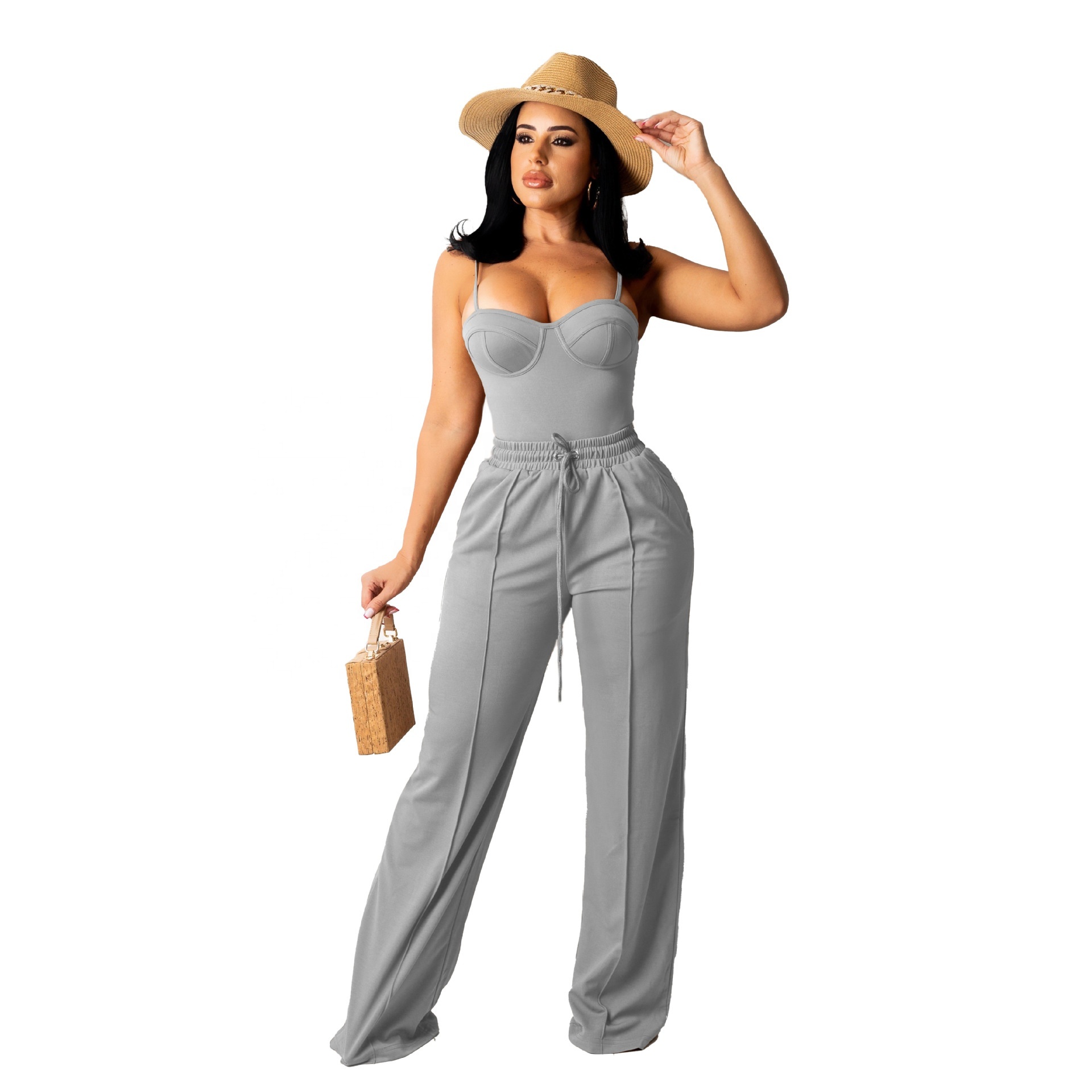Women Elegant 2 Piece Sets Spaghetti Straps Crop Top Wide Leg Long Pant Set With Pockets Sweatsuits Set Sexy Summer Outfits 2023