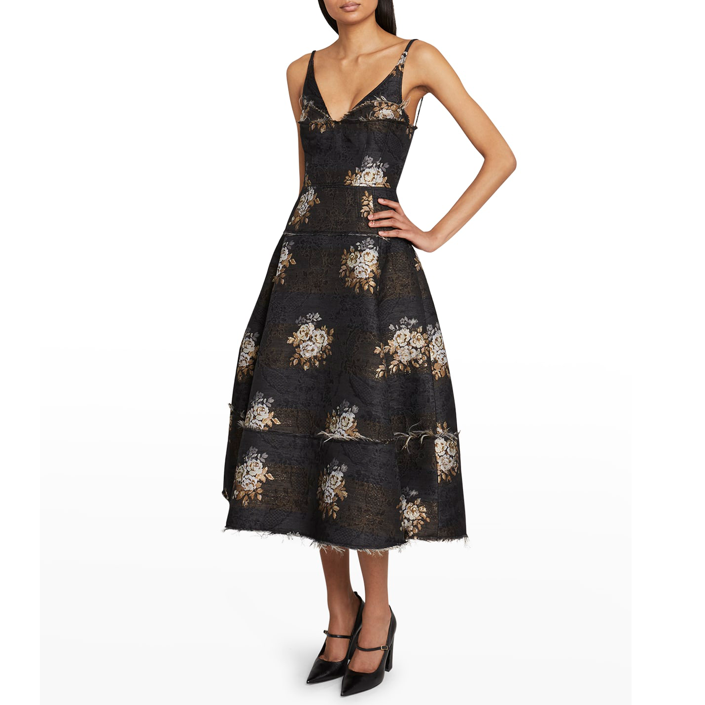 Metallic Rose Jacquard Corset Midi Dress - Elegant Fashion Metallic Rose Jacquard Corset Midi Dress - Elegant Fashion