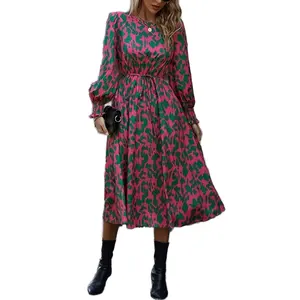 Custom Floral Dress Women's 2024 Autumn/winter New Printed Skirt Round Neck Long Sleeve Waist Slimming Dress