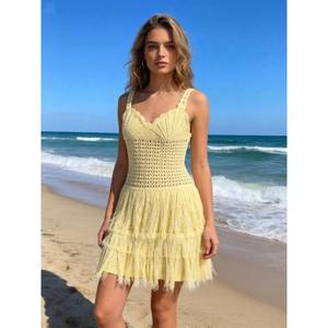 <span class=keywords><strong>Vestido</strong></span> de punto <span class=keywords><strong>amarillo</strong></span> para mujer, sin mangas, con borde festoneado, espalda descubierta, con lazo en la espalda y flecos, ropa de playa - Product Image 1