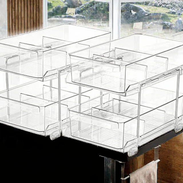GREENSIDE Ideagala Clear Plastic Portable Pull Cabinet Organizer [2Pack] 2-Tier Office & Medicine Storage with Plastic Lid 5kg