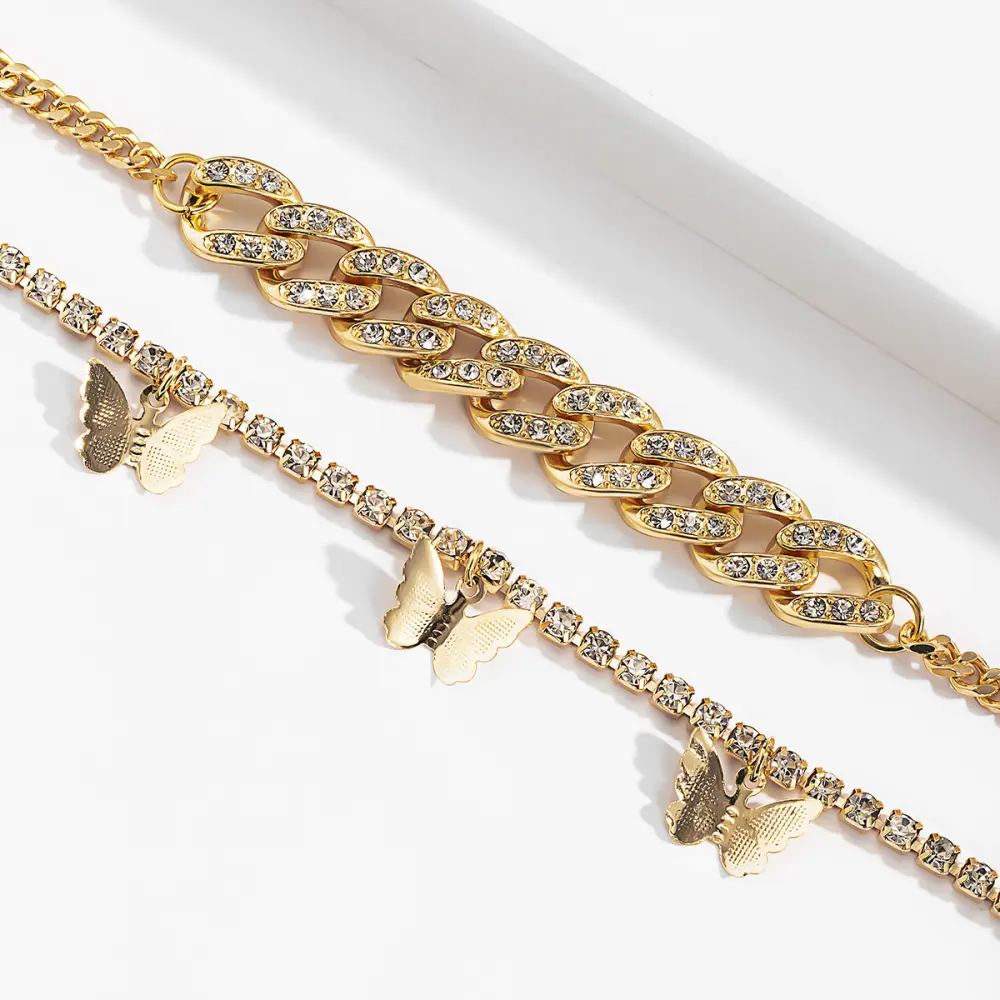 Bracelet de cheville papillon avec strass plaqué or 18K, pour femmes, bijoux tendance, en diamant plaqué or, style cubain, pour le tennis, nouvelle collection