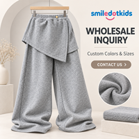 Smiledotkids Pantalon de survêtement large personnalisé pour enfants, gris, avec bouton asymétrique superposé, taille élastique, doux, OEM ODM, vente en gros pour tout-petits
