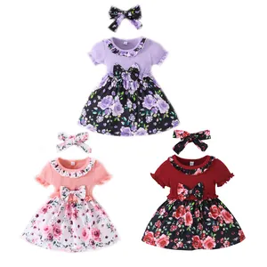 Fuyu Atacado Baby Girl Manga Curta Ribbed Floral Print Summer Dress Crianças Vestidos Elegantes para Meninas