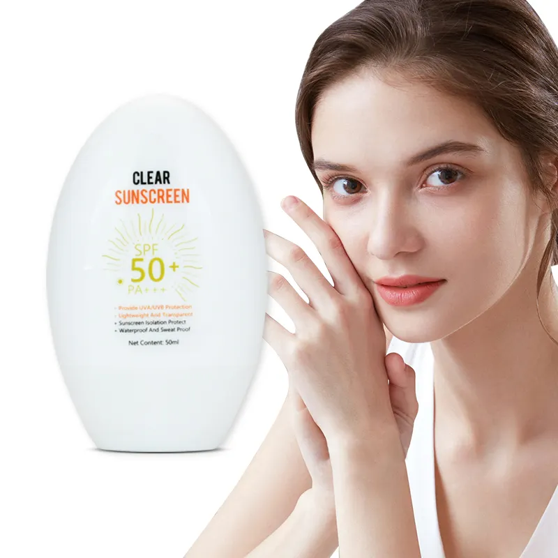 Label pribadi SPF 50 Losion cair wajah bening tabir surya wajah sensitif atau berjerawat kulit Spf 50