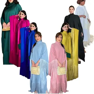 MQ061 High Quality Fashion Muslim Women Dress Bat Sleeves Tassel Kaftan Dresses Women Modern Chic Evening Dress