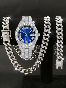 Ensemble Montre et Bijoux pour <span class=keywords><strong>Homme</strong></span> : Montre Calendrier Incrustée de Strass, Collier et Bracelet Hip Hop (3 pièces) - Product Image 4