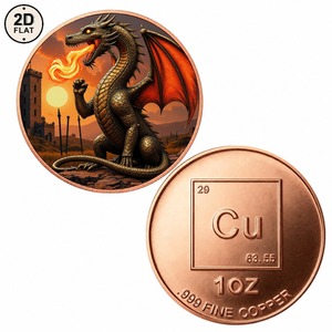 Moneda Conmemorativa Coleccionable de Cobre Puro 999 de 1 Onza, Diseño de Dragón que Escupe Fuego con Castillo al Atardecer, Venta al Por Mayor Personalizada - Product Image 1