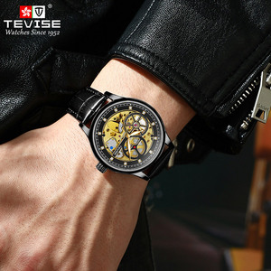 Montre automatique pour homme 820E, cuir véritable de haute qualité, mécanique, à cadran ajouré, tendance, résistante à l'eau - Product Image 4