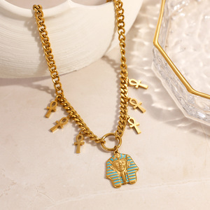 Collar chapado en oro de doble capa con busto de faraón y colgante Ankh, joyería de moda para viaje - Product Image 3
