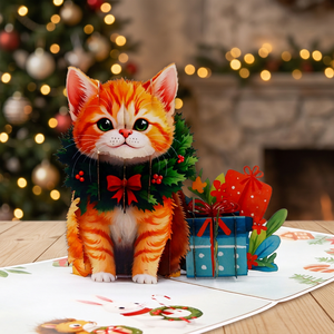 Tarjeta de felicitación navideña 3D emergente, lindo gatito naranja con corona, animal de dibujos animados, manualidad en papel, regalo navideño - Product Image 4
