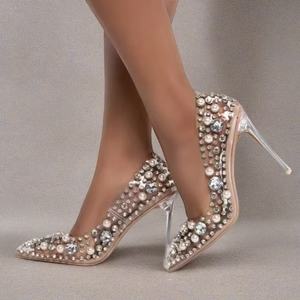 Chaussures de soirée de luxe pour femmes à talons hauts, ornées de perles et de strass, escarpins transparents en cristal - Product Image 4