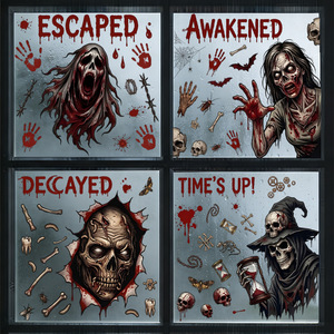 Set de Adhesivos Decorativos para Ventanas de Halloween con Diseño de Bruja, Zombi y Hombre de las Fosas con Texto Sangriento para Decoración de Casas Encantadas - Product Image 3