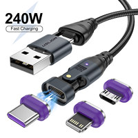 Kabel Data USB-C 240W Super Fast Charging Dual-to-Triple Right-Angle Magnetic Braided Jacket Weaving Material 5A PD 100W