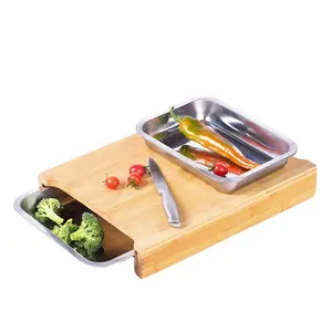 Customized Acceptable Rectangle Bamboo wood chopping board with containers cutting board with two stainless steel drip trays