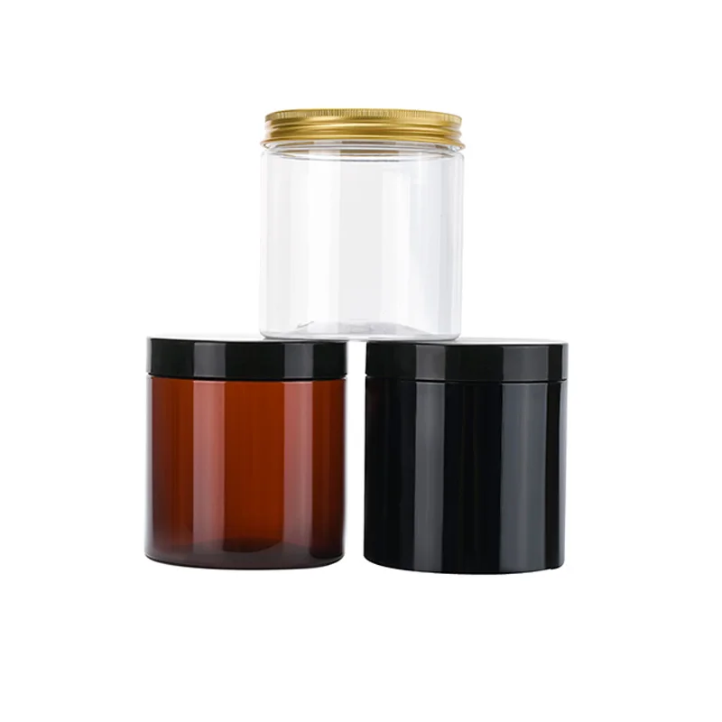 Wholesale Food Grade 100g 120g 150g 200g 250g 300g 400g 500g Amber clear PET Plastic Jar with Aluminum Plastic Screw Cap