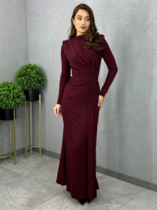 Maxi abito a <span class=keywords><strong>maniche</strong></span> <span class=keywords><strong>lunghe</strong></span> <span class=keywords><strong>bordeaux</strong></span> tinta unita Design drappeggiato abiti da donna eleganti da donna autunnali - Product Image 6