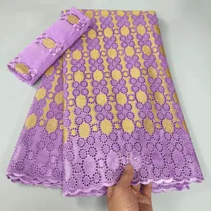 Henlee-tela de encaje suizo nigeriano, encaje seco bordado de algodón púrpura