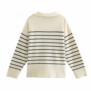 Maglione Pullover da <span class=keywords><strong>Donna</strong></span> Personalizzato con Chiusura a Cerniera, Maniche Lunghe, a Righe Bianche, in Poliestere/<span class=keywords><strong>Cotone</strong></span>, per l'Autunno - Product Image 2