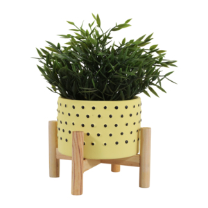 Maceta de cerámica sobre soporte de madera, amarilla con puntos negros, para orquídeas y plantas de interior y exterior. - Product Image 2