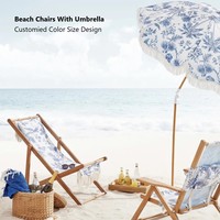 Ensemble de mobilier d'extérieur en bois massif, portable, avec chaise longue de plage inclinable moderne haut de gamme, coussin assorti et parasol bohème à pompons