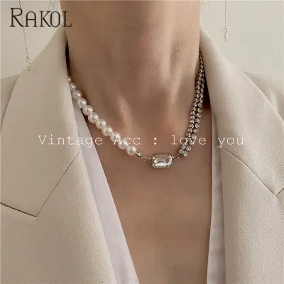 Ожерелье с жемчужной цепочкой RAKOL NN040, винтажное ожерелье с кристаллами из циркония
