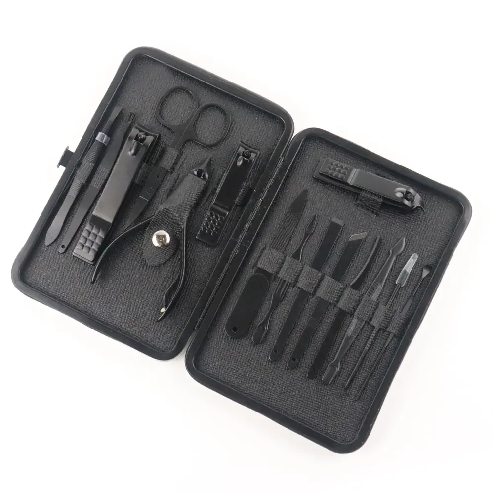 OEM ensemble de manucure en acier inoxydable noir 15 pièces hommes haut professionnel voyage Kit de toilettage soin des ongles Logo personnalisé magasins supermarchés