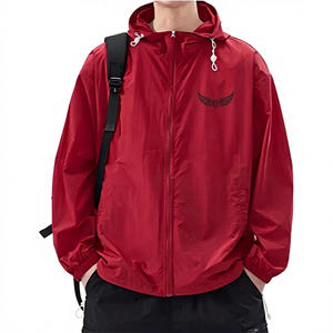 <b>Red</b> <b>Hooded</b> Windproof Casual Men's <b>Jacket</b> With Embroidery Logo Zipper Front Loose Fit Spring Outdoor Wear - Product Image 1