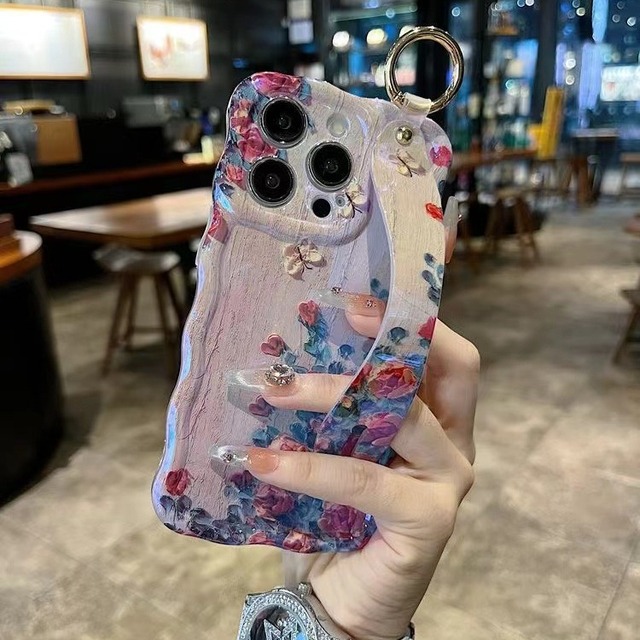 Colorful Oil Painting Printed Flower Glossy Pattern Cute Curly Waves Border Phone case for iphone 16 15 14 13 Pro Max Cases
