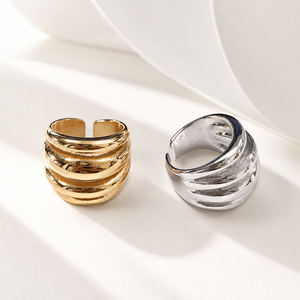 Layered Wave Stainless Steel <b>Adjustable</b> <b>Ring</b> 14K Gold Vacuum Plated Wide Statement Gold and <b>Silver</b> Colors - Product Image 1