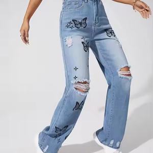 กางเกงยีนส์ขาบานเอวสูงแห้งเร็วสำหรับผู้หญิง ระบายอากาศได้ดี ปักลายผีเสื้อ แต่งขาดแบบลำลอง ปักลายที่เอว - Product Image 3