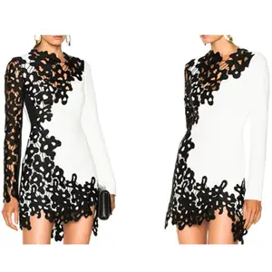 Sexy White and Black Contrast Color Lace Paneled Mini Party Dress for Woman