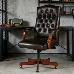 Chaise de bureau de direction confortable en cuir véritable avec design ergonomique et accoudoirs en bois massif pour manager ou chaise de bureau en cuir - Product Image 5