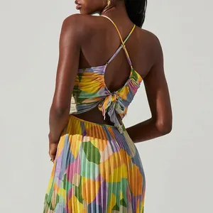 Colorido impreso mujeres Maxi Floral Tie Dye Impresión digital plisado verano camisa vestido personalizado holgado casual vestido ropa de mujer